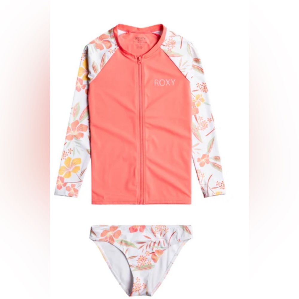 Roxy Girls Life Enjoyers Long Sleeve Full Zip UPF50 Rashguard Bikini Set…